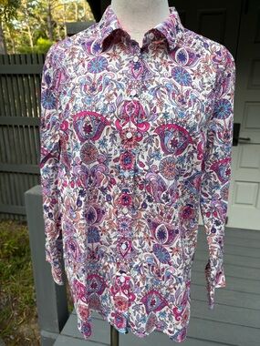Talbots Petite Pink & Blue Paisley Floral Button Up Top ~ Blouse